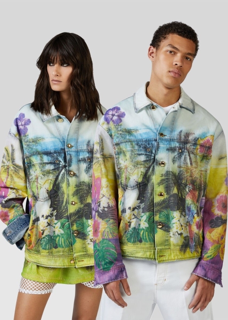 Versace Tropical Parrots Print Jeansjacka Herr - 869052KIU